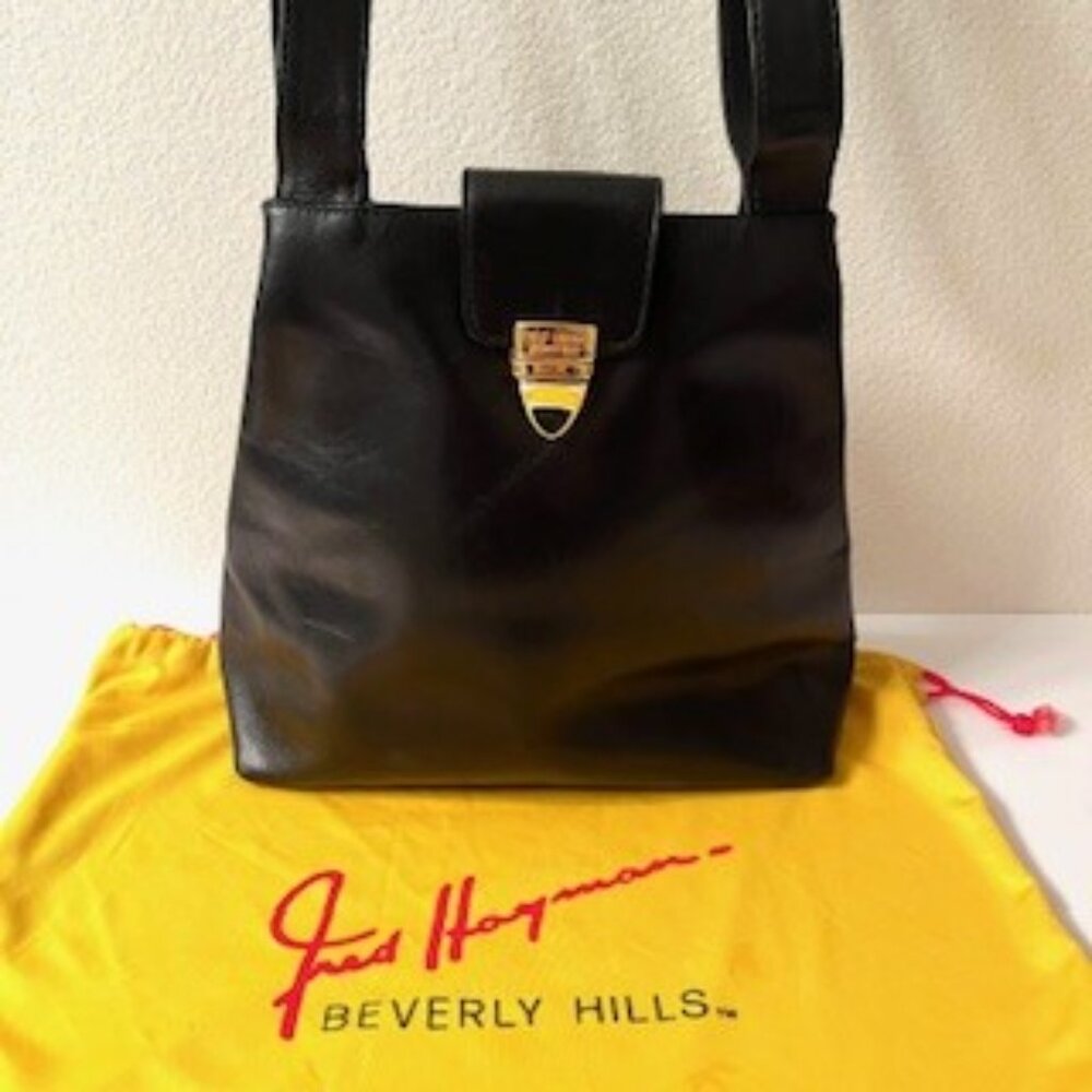 Fred Hayman Beverly Hills Vintage Black Leather Shoulder Bag, Made in Italy